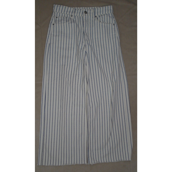 Womens Stradivarius Starter Flare Wide Leg Penstripe Pants Size 36x26 Baseball - Picture 1 of 11